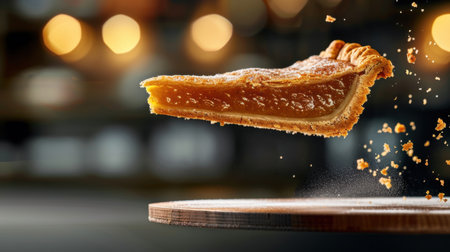 A beautifully captured slice of pie gracefully hovers above a wooden board, showcasing its golden crust and rich caramel filling, highlighted by warm ambient lights in the background.の素材