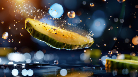 A vibrant scene featuring a slice of fresh cucumber splashing in water, surrounded by droplets against a dazzling bokeh background, representing healthy eating.の素材