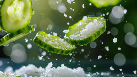 This vibrant image captures fresh cucumber slices falling with sea salt, creating a dynamic scene against a blurred green background, perfect for culinary themes.の素材