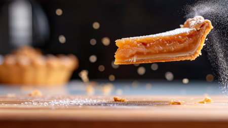 A beautifully captured floating slice of pumpkin pie dusted with powdered sugar, showcasing rich textures and vibrant colors, perfect for seasonal recipes.の素材