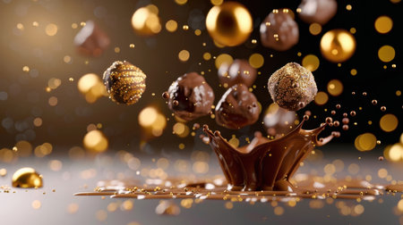 This captivating image showcases an artistic arrangement of chocolate spheres splashing in rich cocoa, enhanced by golden accents. Perfect for luxury food promotions.の素材