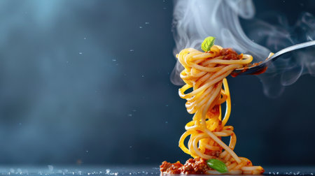 A steaming fork of pasta with rich sauce rises against a soft blue backdrop, showcasing vibrant colors and garnished with fresh basil for an appetizing appearance.の素材