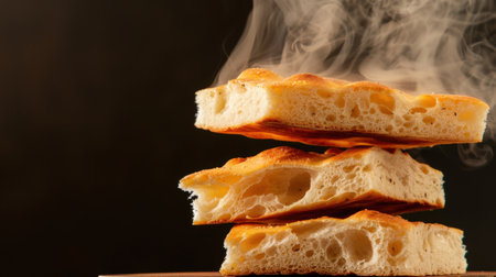 This image showcases three perfectly stacked pieces of freshly baked bread, with steam rising in an inviting manner. The golden crust and soft interior emphasize a homey and comforting atmosphere.の素材