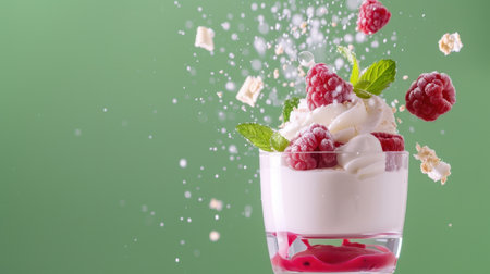 This enticing dessert features a creamy whipped topping loaded with fresh raspberries and mint leaves, presented in a clear glass, creating a vibrant culinary experience.の素材