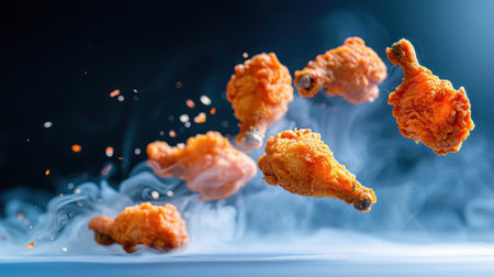 A stunning capture of crispy fried chicken wings mid-air, surrounded by smoke and spice, perfect for showcasing the art of delicious cooking.の素材