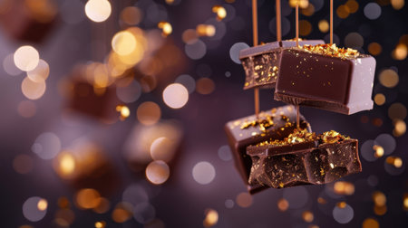 A stunning arrangement of dark chocolate pieces embellished with shimmering gold flakes, suspended gracefully against a soft bokeh backdrop, ideal for luxury dessert visuals.の素材