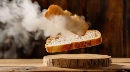 A captivating image of a slice of bread floating above a wooden board, enhanced with steam. This visually striking composition highlights the freshness and rustic charm of homemade baking, perfect for culinary and food-related themes.の素材