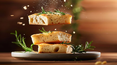 An enticing image of freshly baked bread slices sprinkled with herbs, floating above a rustic wooden surface, showcasing a delightful culinary experience.の素材
