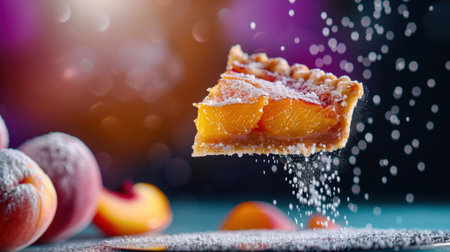 A delicious slice of peach pie hovers in mid-air, dusted with powdered sugar, surrounded by fresh peaches and a colorful bokeh effect.の素材