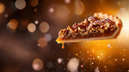 A tempting slice of pecan pie with a rich caramel drizzle, beautifully captured against a soft, bokeh background, perfect for culinary projects.の素材