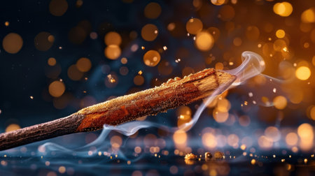 A close-up shot of a glowing stick with wisps of smoke and shimmering bokeh effects, creating a mesmerizing visual experience. Perfect for artistic projects.の素材