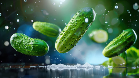 Vibrant fresh cucumbers suspend in mid-air with a refreshing water splash, capturing the essence of healthy cooking and organic ingredients.の素材