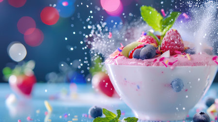 A delicious bowl of fresh fruit yogurt topped with strawberries, blueberries, and mint leaves. Sprinkles add a playful touch, enhancing the vibrant presentation.の素材