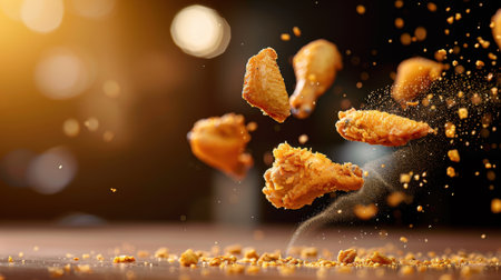 A stunning image of crispy fried chicken pieces captured mid-air, surrounded by flavorful crumbs and dust, showcasing the essence of delicious comfort food.の素材