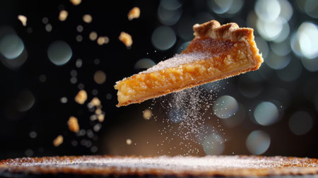 A captivating image of a slice of pumpkin pie elegantly suspended in air, surrounded by a sprinkle of sugar and a dreamy bokeh background, perfect for autumn themes.の素材