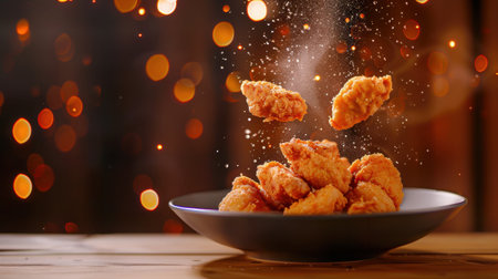A stunning image of crispy chicken wings floating onto a plate, captured with a dreamy bokeh background and sparkling seasoning, illustrating a mouthwatering culinary experience.の素材