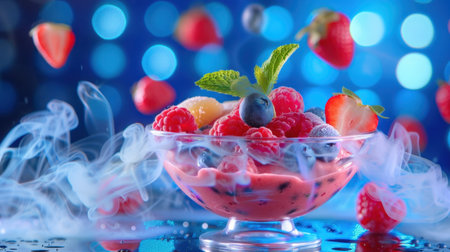 A visually stunning dessert featuring a medley of fresh berries in a glass bowl, enhanced by enticing smoke effects and vibrant bokeh lights.の素材