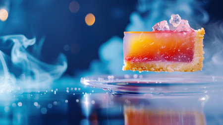 A vibrant dessert slice appears to float above a glass plate, surrounded by mist and dreamy bokeh lights, creating an enchanting atmosphere of indulgence.の素材