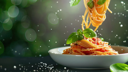An enticing image of spaghetti highlighted with fresh basil leaves, artistically floating over a plate, set against a soft, blurred green backdrop.の素材