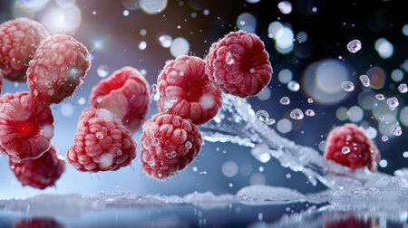 A stunning closeup of fresh raspberries splashing in water droplets, showcasing their vibrant color and juicy texture, perfect for food photography.の素材