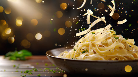 A captivating image featuring freshly cooked fettuccine pasta adorned with herbs, set against a beautifully blurred bokeh background, perfect for culinary themes.の素材