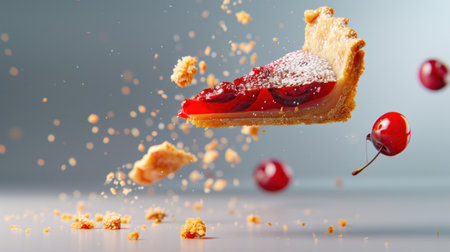 A visually striking image of a cherry pie slice suspended in mid-air, surrounded by flying cherries and crumbs, captures the essence of dessert elegance and creativity.の素材