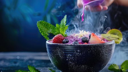 A captivating smoothie bowl adorned with fresh fruits and mint leaves, artistically complemented by swirling purple liquid, creating a visually stunning dish.の素材