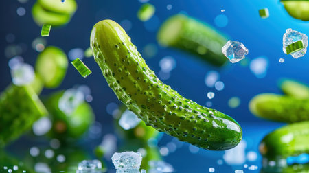 A vibrant image of a fresh green cucumber surrounded by ice crystals and chopped pieces, highlighting its fresh appeal against a blue background.の素材