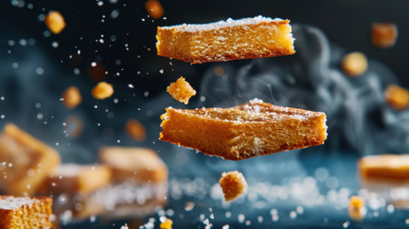 A captivating image of brown sugar cake pieces suspended in mid-air, surrounded by sparkling sugar dust, perfect for enticing dessert lovers.の素材
