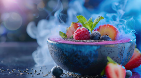 A vibrant fruit bowl filled with fresh strawberries, raspberries, and blueberries, garnished with mint, creating a visually stunning culinary experience.の素材