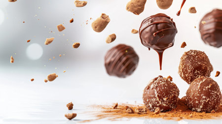 A captivating display of chocolate truffles highlighted with cocoa powder and crumbs, set against a softly blurred backdrop, evoking indulgent sweets.の素材