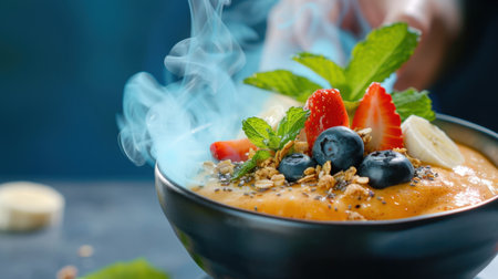 A captivating smoothie bowl featuring a blend of fresh fruits and herbs, elegantly presented with steam rising, perfect for healthy breakfast or dessert.の素材