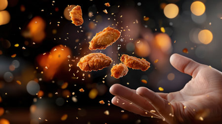 A dynamic image showcasing a hand releasing crispy fried chicken wings into the air, creating a playful and inviting atmosphere with a blurred warm backdrop.の素材