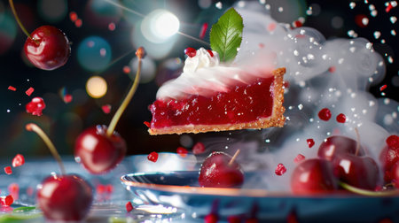 A visually stunning cherry pie slice levitates above a plate, adorned with whipped cream and surrounded by fresh cherries and colorful sprinkles, creating an enchanting dessert scene.の素材