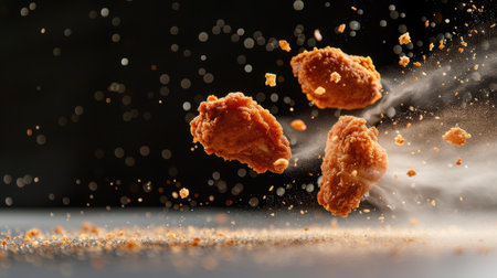 Experience the dynamic view of crispy fried chicken pieces suspended in air, surrounded by vibrant seasoning particles in a dramatic setting.の素材