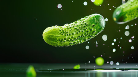 A refreshing cucumber splashes in water, creating droplets and bubbles against a vibrant green background. Perfect for health and food themes.の素材
