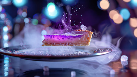 A captivating image of a floating cake slice adorned with purple frosting, surrounded by mist and sparkling lights, perfect for festive food themes.の素材