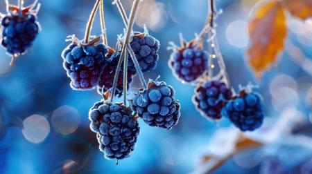 A stunning close-up of frost-covered berries hanging from a branch, showcasing the beauty of nature in winter. The blue background enhances the frozen, delicate theme.の素材