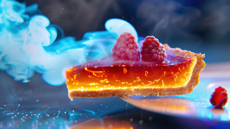 A vibrant and artistic dessert slice with fresh raspberries sits on a stylish plate surrounded by colorful smoke and glistening sparkles.の素材