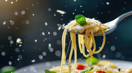A close-up photograph of spaghetti twirled on a fork, topped with Parmesan cheese and fresh basil leaves, capturing a gourmet dining experience.の素材