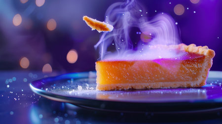 A stunning slice of citrus dessert floats elegantly above a dark plate, surrounded by ethereal smoke and charming bokeh lights. This image captures the magic and allure of culinary art.の素材