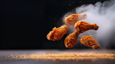 Five crispy chicken drumsticks appear to be flying through the air, surrounded by a flavorful dust cloud against a dark background, emphasizing texture.の素材