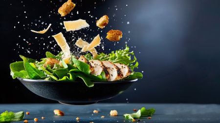 This captivating image showcases a healthy salad featuring grilled chicken, fresh greens, and airborne ingredients, emphasizing freshness and culinary artistry.の素材