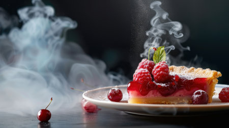 A mouthwatering slice of raspberry dessert sits elegantly on a plate, adorned with fresh berries and a delicate smoke effect, highlighting its tempting appeal.の素材