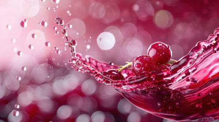 This stunning image captures juicy red berries splashing into a vibrant liquid, creating a refreshing scene. The bokeh background emphasizes the beauty of nature, inviting a sense of vitality and sweetness. Perfect for food-related projects, lifestyle themes, or health and wellness concepts.の素材