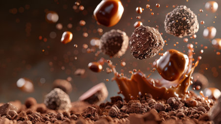 A visually stunning image capturing a dynamic splash of chocolate and candies, highlighting the rich textures and flavors of gourmet desserts in an artistic arrangement.の素材