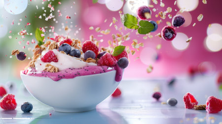A vibrant yogurt bowl filled with creamy pink yogurt, topped with fresh berries and granola, perfect for a healthy snack or breakfast option.の素材