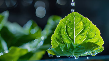 This vibrant close-up showcases a fresh green leaf with water droplets glistening under natural light. The soft bokeh background enhances the refreshing feeling.の素材