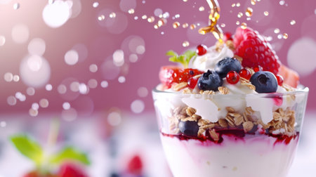 This vibrant yogurt parfait features layers of fresh berries, crunchy granola, and a drizzle of honey, perfect for breakfast or dessert celebrations.の素材