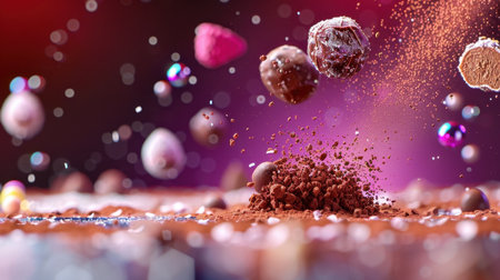 A captivating display of chocolate treats falling gracefully through the air, surrounded by colorful reflections and cocoa crumbs. Perfect for food lovers!の素材